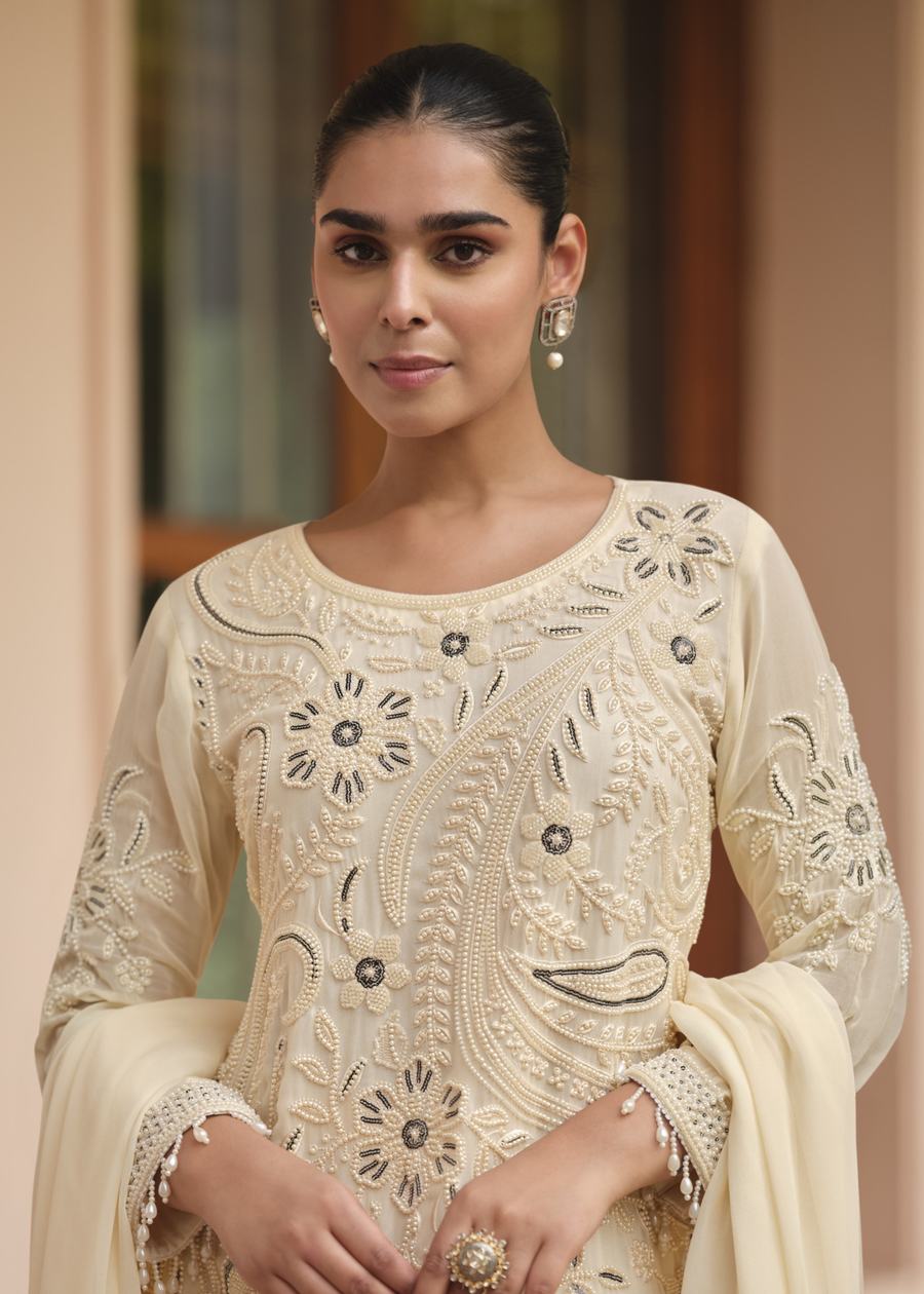 Cream Georgette Parallel Suit Set With Dupatta