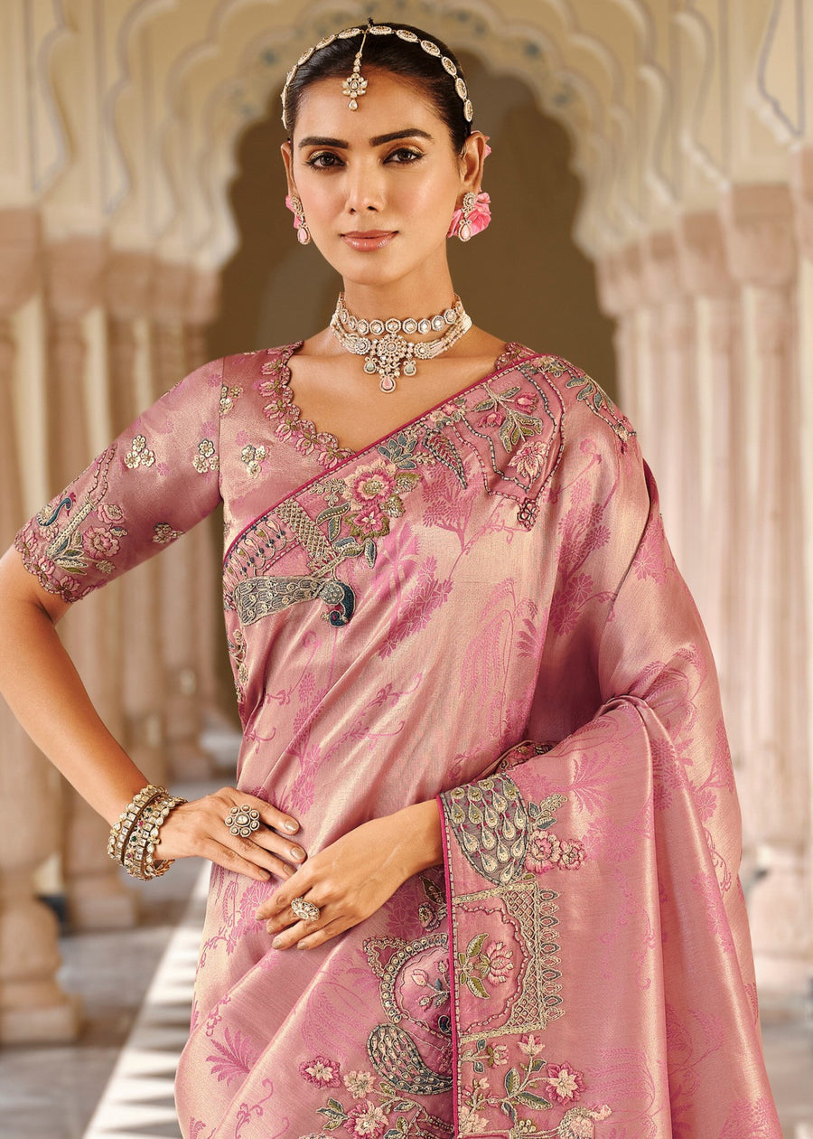 Rose Pink Soft Banarasi Silk Embroidered Saree