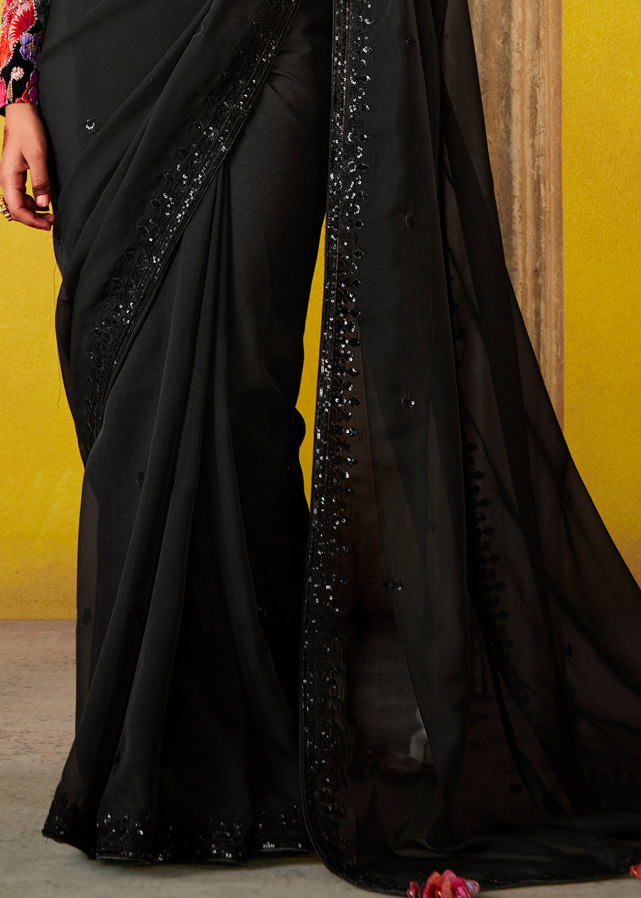 Jet Black Glass Tissue Silk Embroidered Saree With Printed Blouse