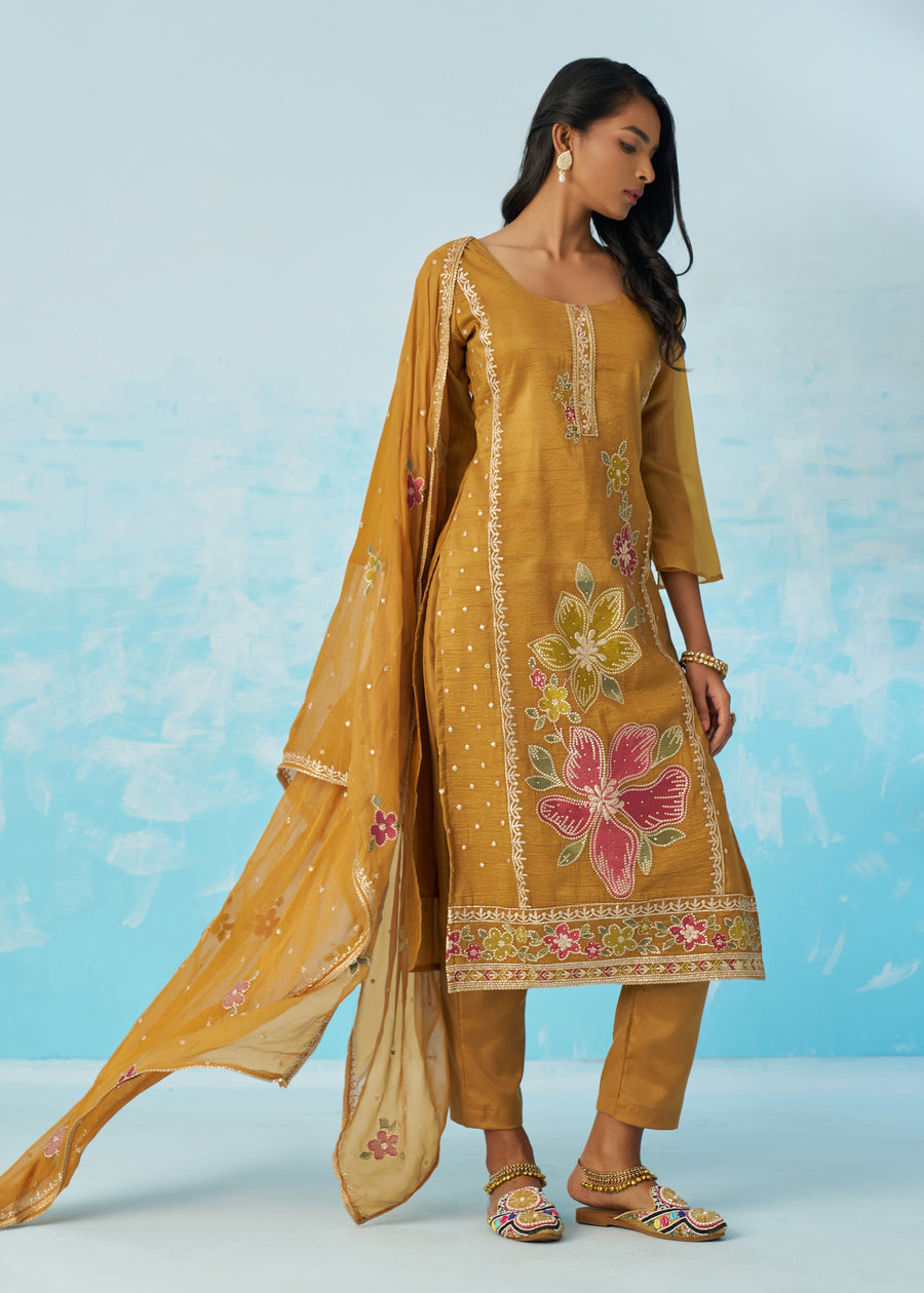 Mustard Yellow Crushed Tissue Silk Ethnic Pant Style Suit With Dupatta