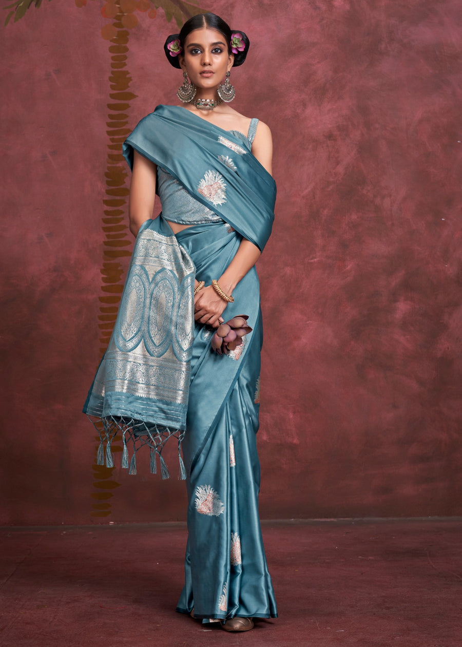 Pure Banarasi Satin Silk Handloom Zari Weaving Blue Saree