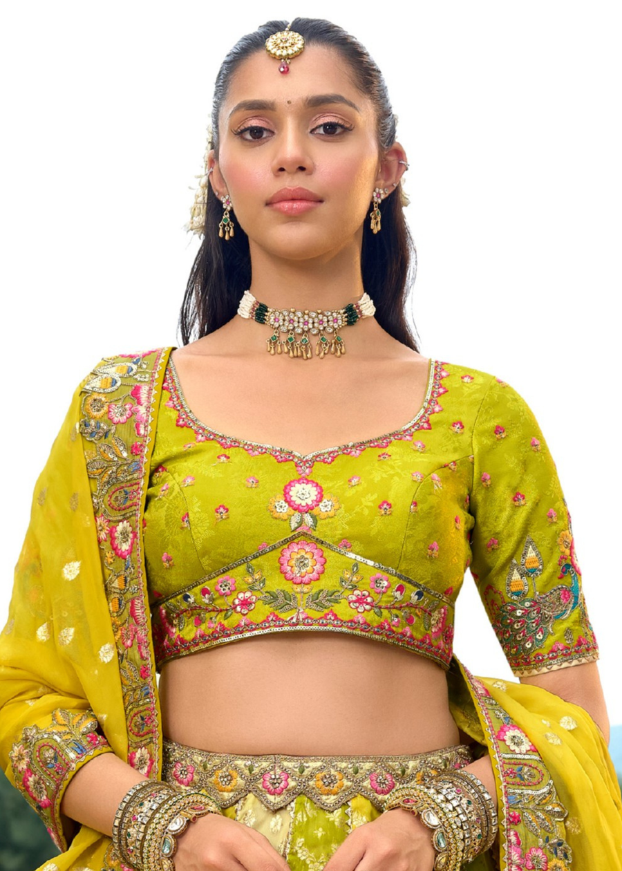 Lime Green & Yellow Silk Bridal Lehenga Choli