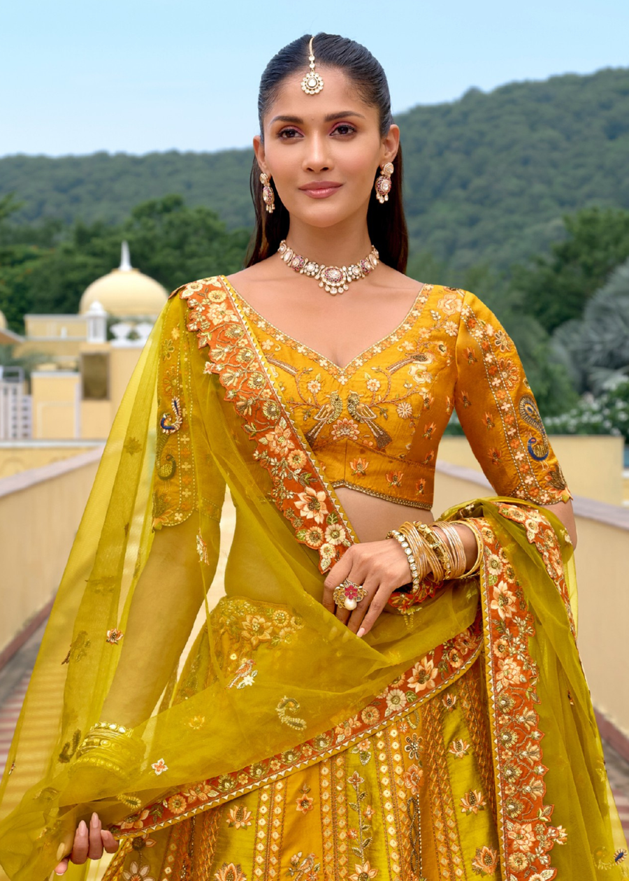 Mustard Yellow and Lime Green Silk Bridal Lehenga Choli