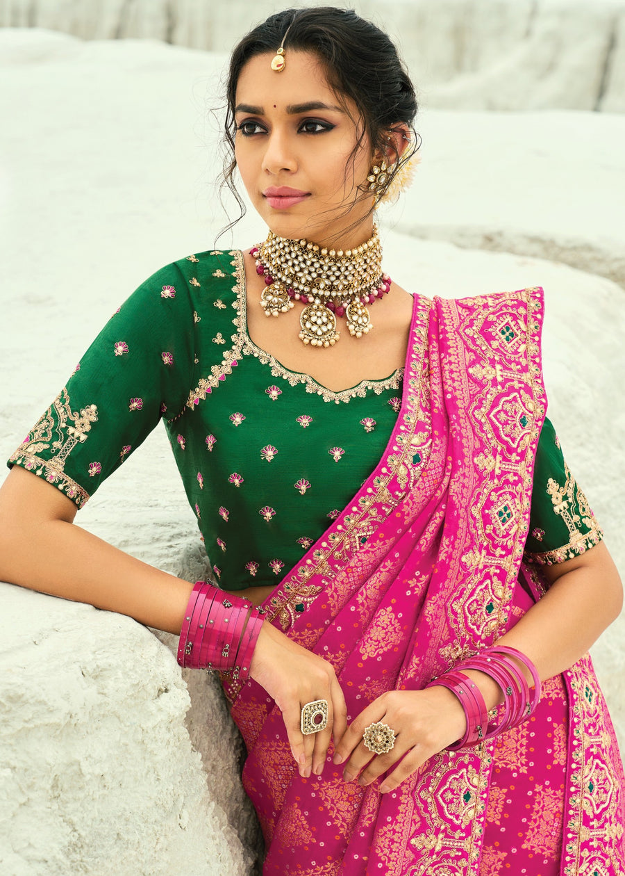 Rani Pink Khaddi Georgette Embroidered Bandhani Saree & Green Blouse