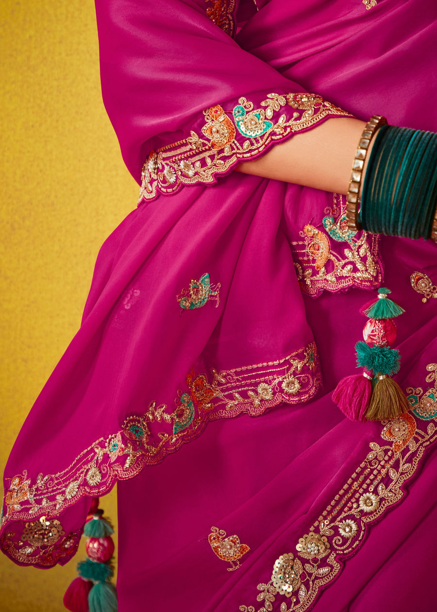 Hot Pink Glass Tissue Silk Embroidered Saree & Blue Printed Blouse