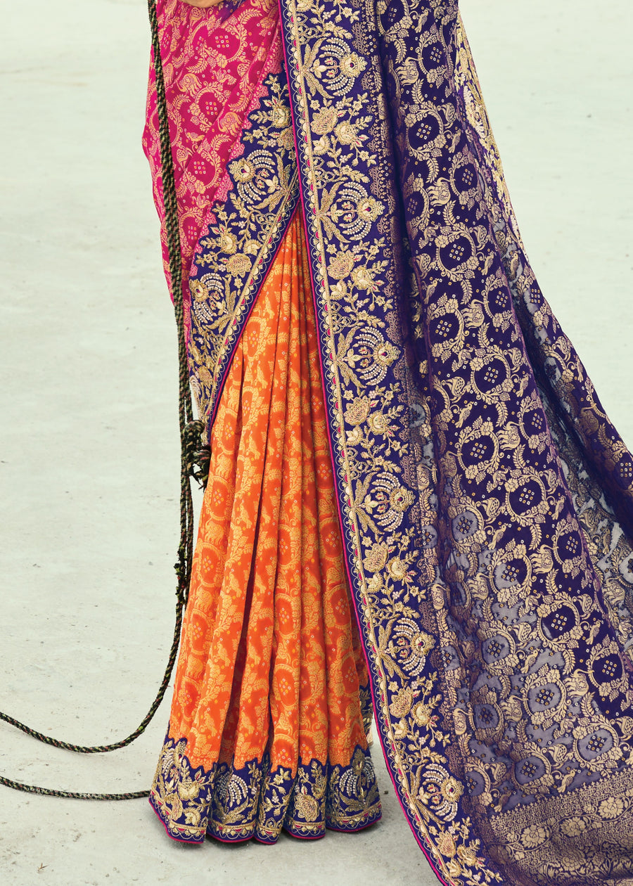 Orange Blue & Pink Multicolor Khaddi Georgette Embroidered Bandhani Saree