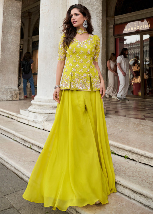 Lime Yellow Organza Silk Wide Leg Palazzo Pant Suit Set