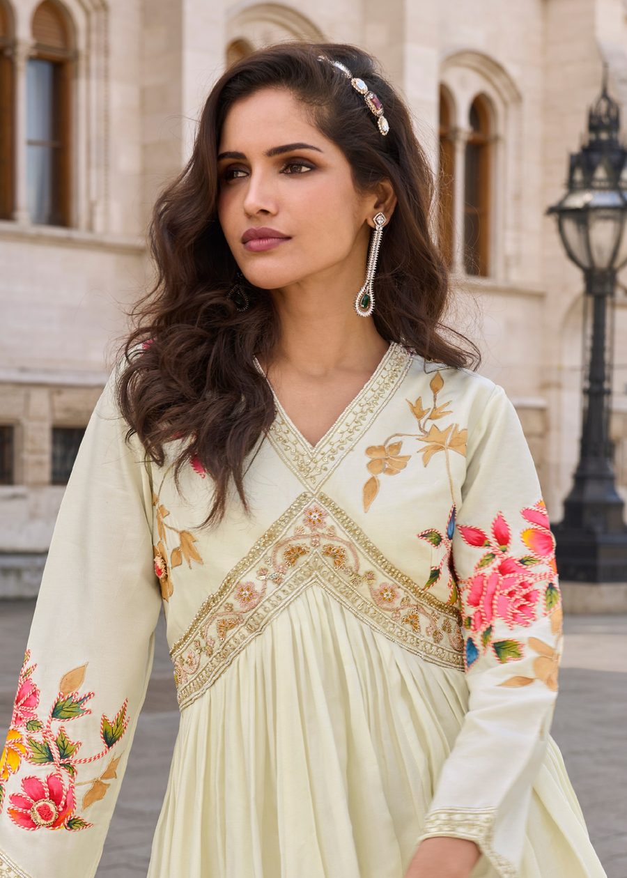 Off White Anarkali Style Chinon Silk Gown Suit With Dupatta