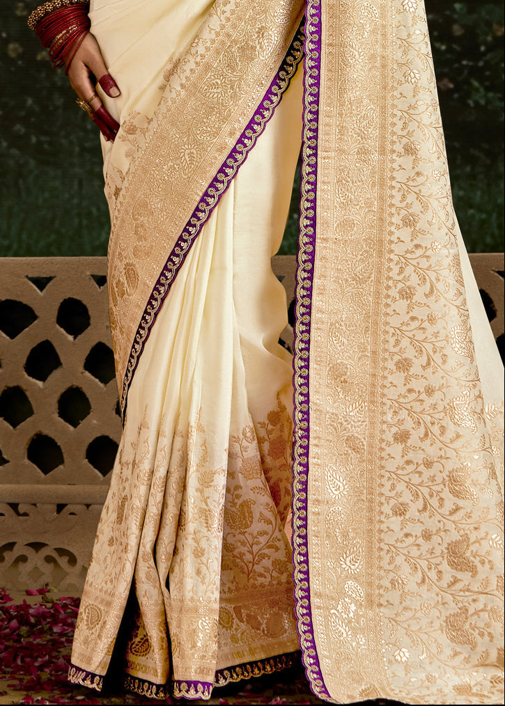 Off White Dola Banarasi Silk Saree & Beetroot Pink Embroidered Blouse