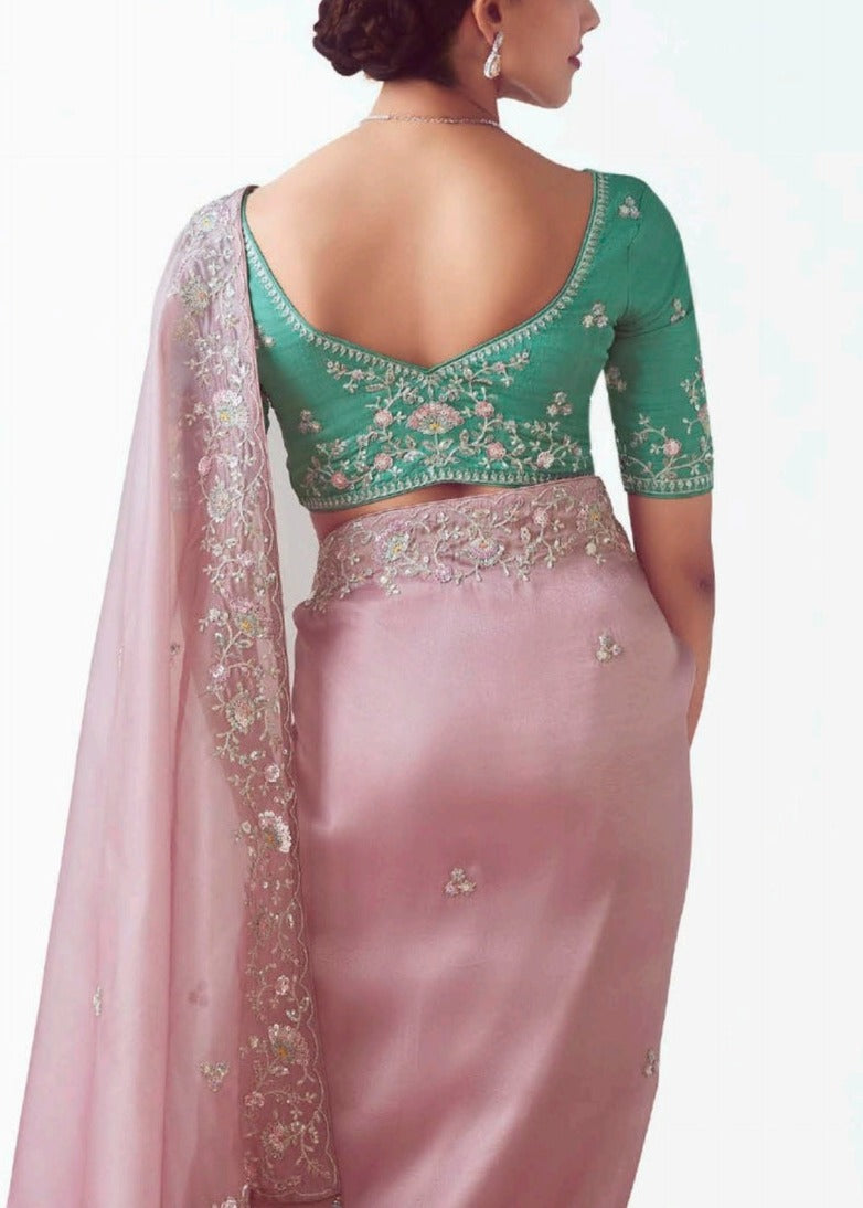 Pastel Pink Organza Tissue Silk Embroidered Saree with Aqua Blue Blouse