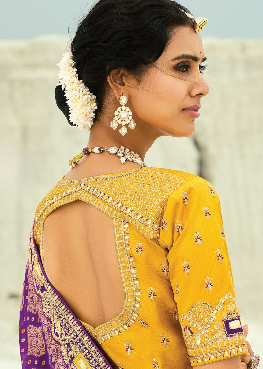 Purple Khaddi Georgette Embroidered Bandhani Saree & Yellow Blouse