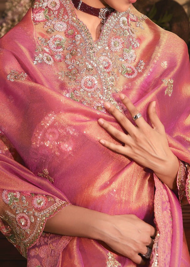 Rose Pink Organza Tissue Silk Saree With Embroidery Work