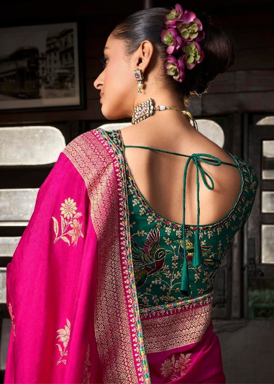 Banarasi Dola Silk Hot Pink Saree & Green Embroidered Blouse