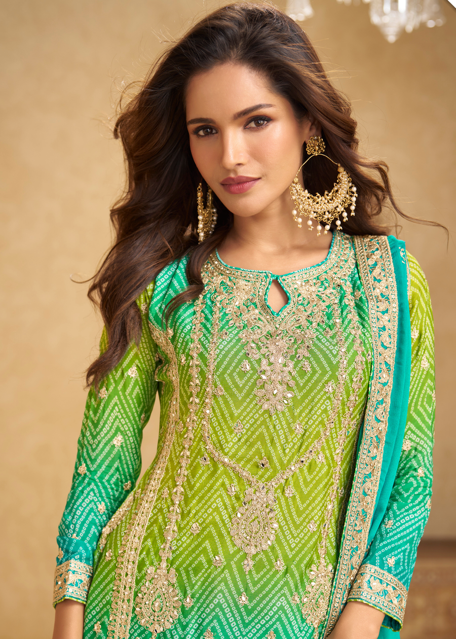 Designer Jade Green & Lime Green Ombre Chinon Silk Bandhani Suit Set