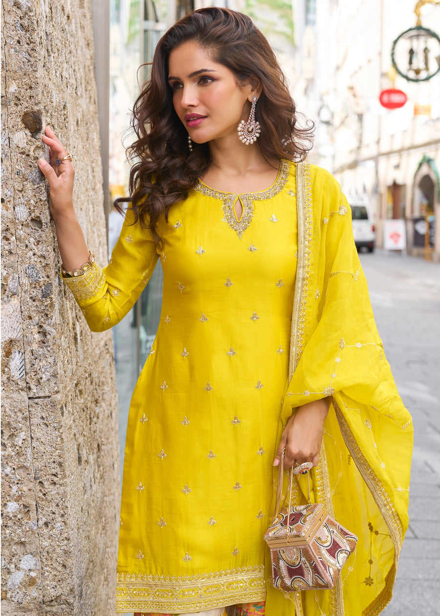 Bright Yellow Crepe Silk Sharara Suit With Dupatta