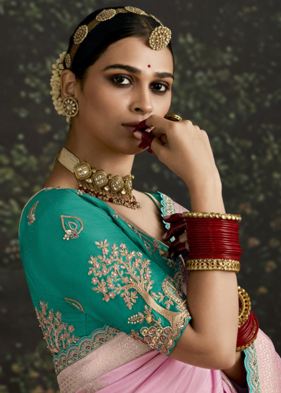 Pastel Pink Dola Banarasi Silk Saree & Green Embroidered Blouse