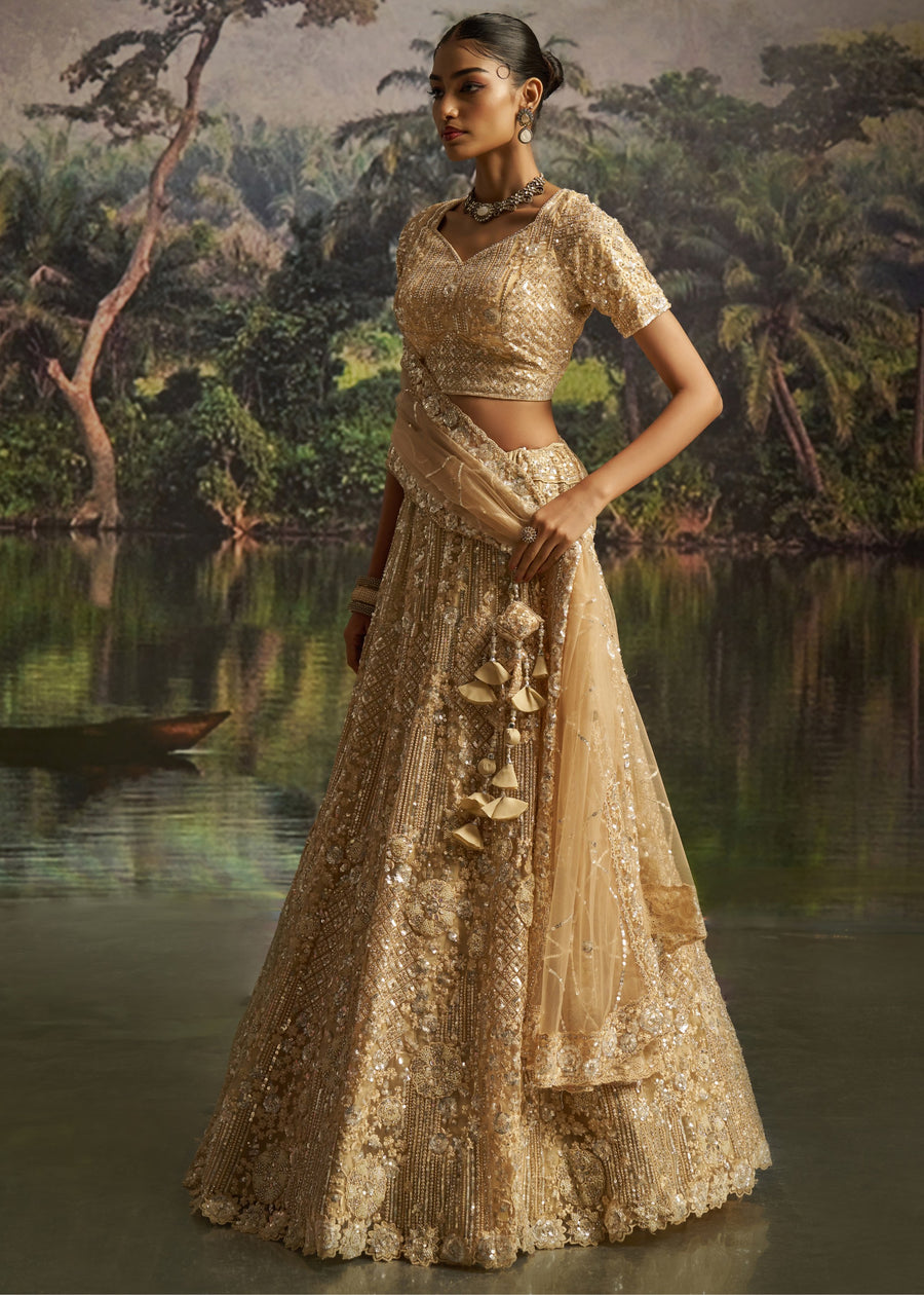 Light Gold Designer Lehenga Choli With Sequins Embroidery