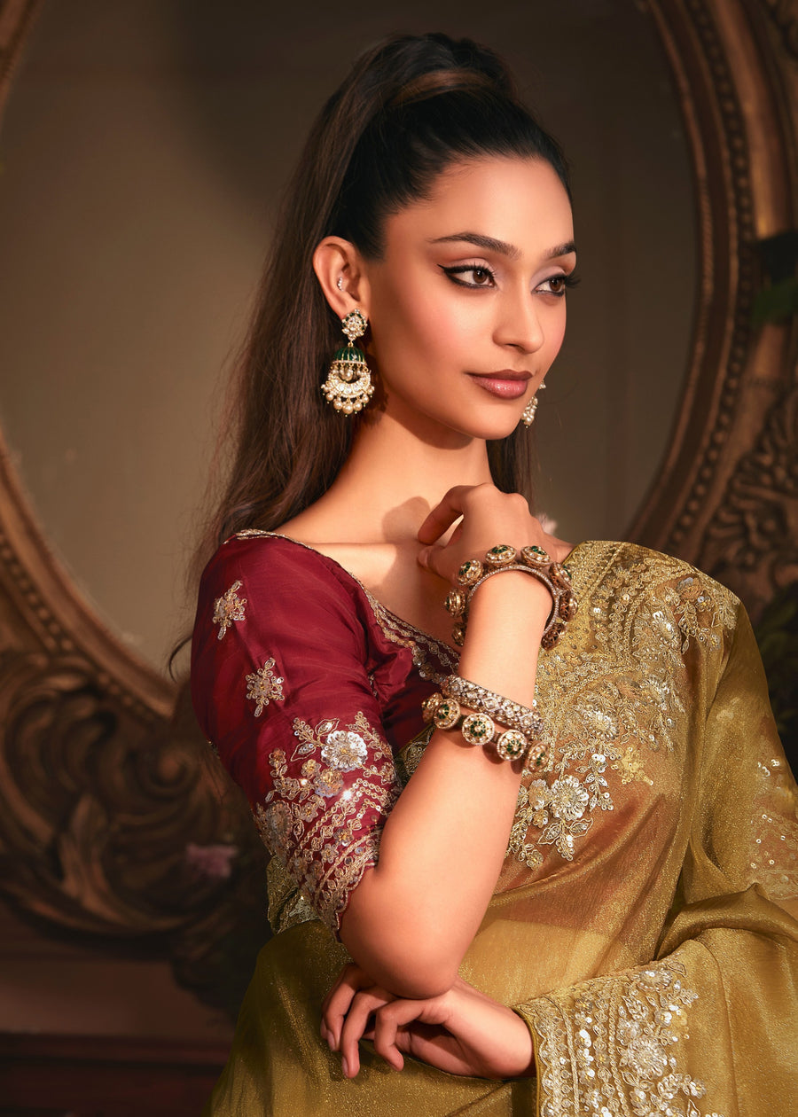Mustard Yellow Organza Tissue Silk Saree & Red Blouse With Embroidery Work