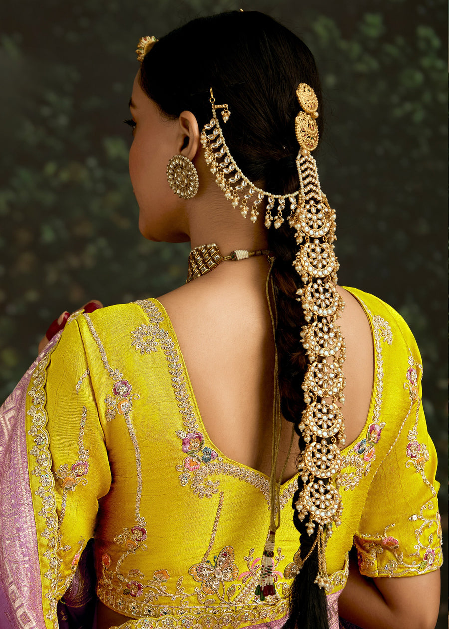 Lavender Purple Dola Banarasi Silk Saree & Yellow Embroidered Blouse