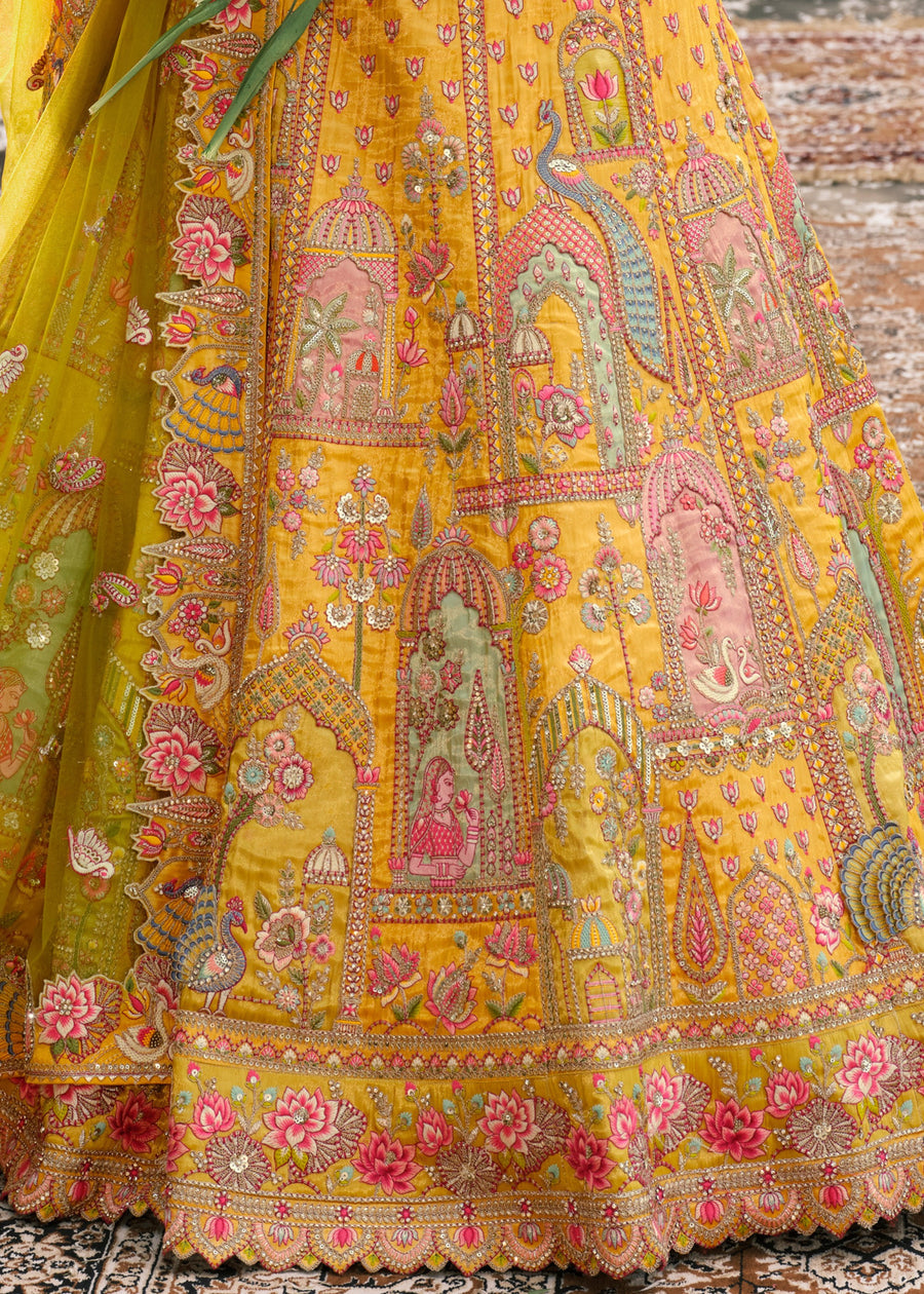 Yellow Embroidered Banarasi Silk Lehenga Choli & Contrast Green Dupatta