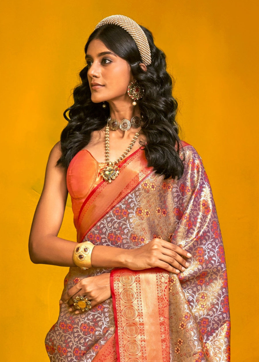 Grey and Red Kanjivaram Silk Handloom Saree