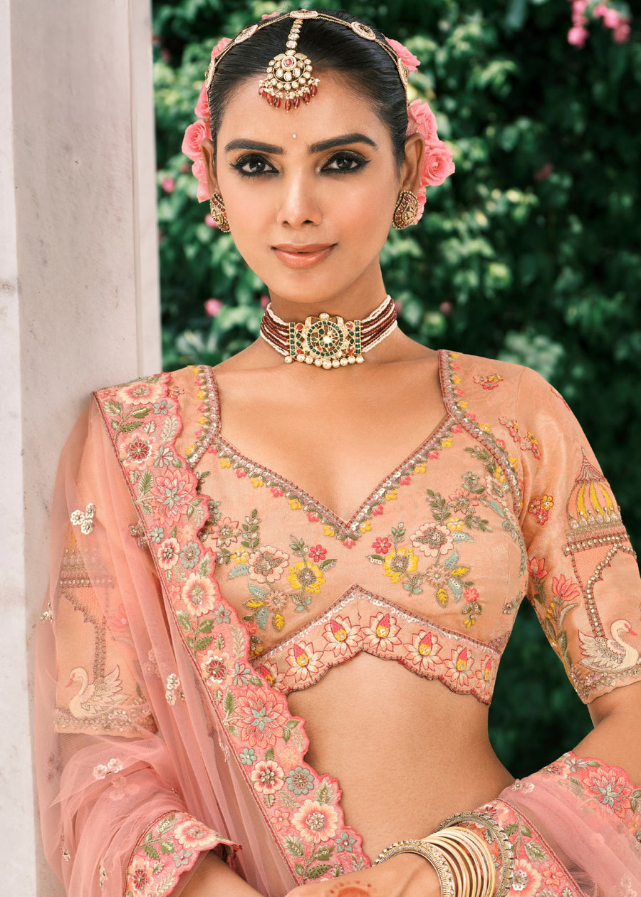 Peach Embroidered Silk Bridal Lehenga Choli