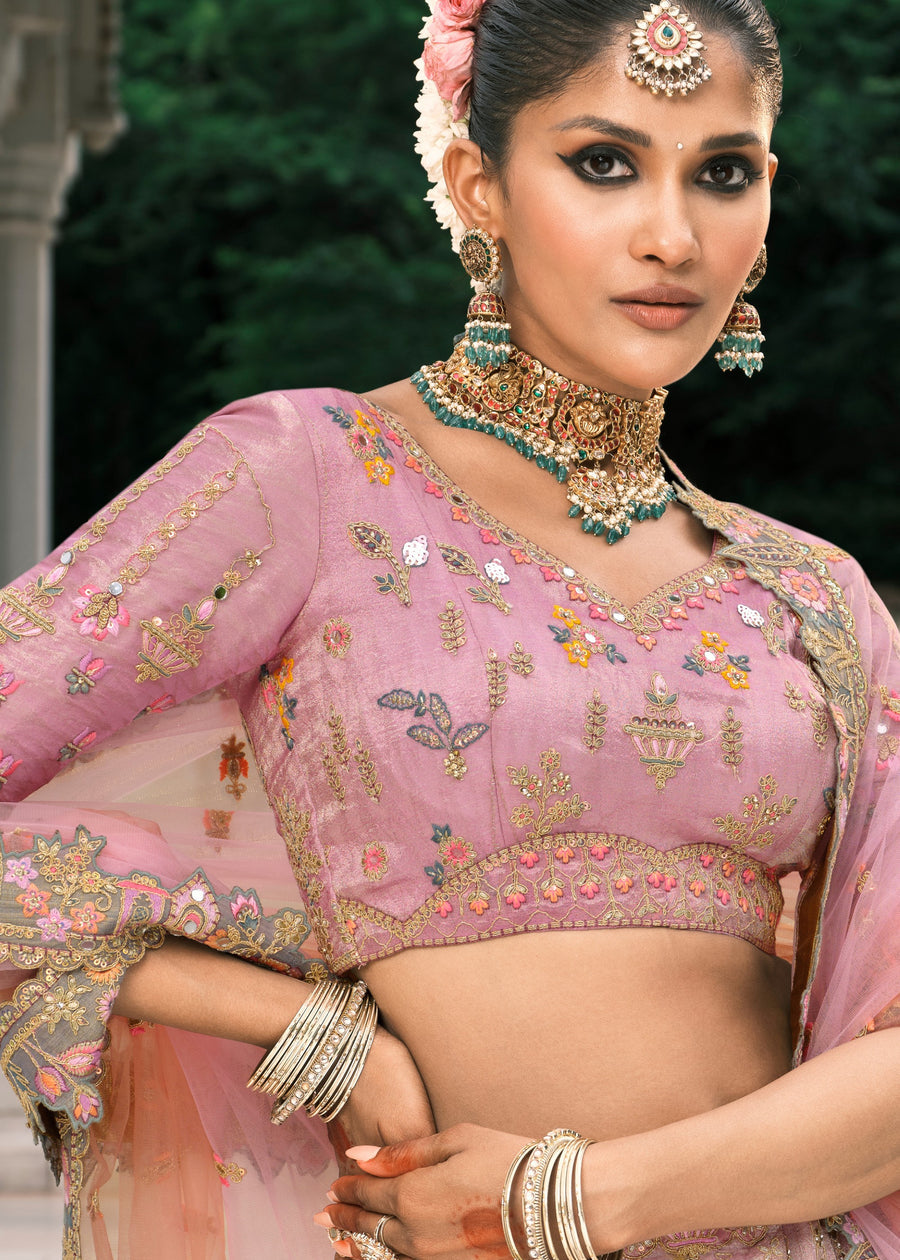 Pastel Pink & Grey Ombre Effect Mirror Work Embroidered Silk Lehenga Choli