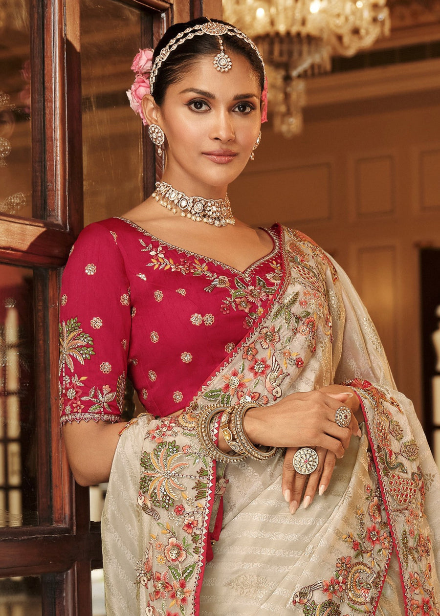 Ivory White Soft Banarasi Silk Embroidered Saree & Contrast Red Blouse
