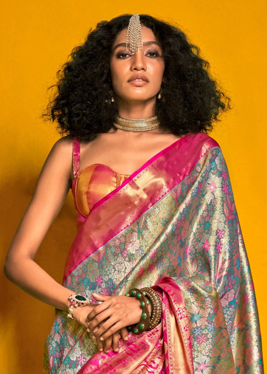 Pastel Blue and Pink Kanjivaram Silk Handloom Saree