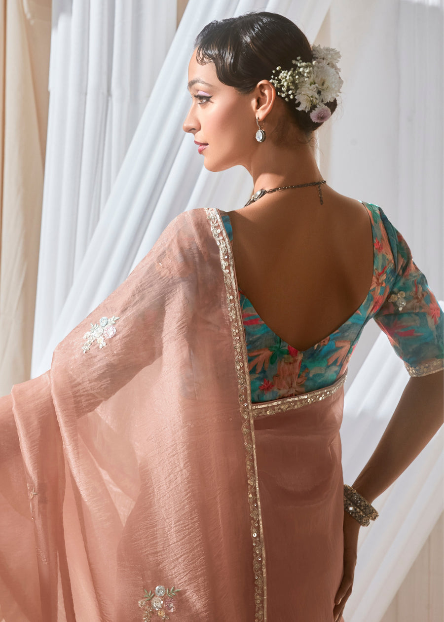 Peach Organza Tissue Silk Embroidered Saree & Printed Turquoise Blue Blouse