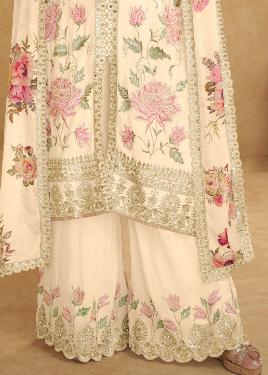 Designer Off White Chinon Silk Floral Suit Set With Palazzo & Dupatta