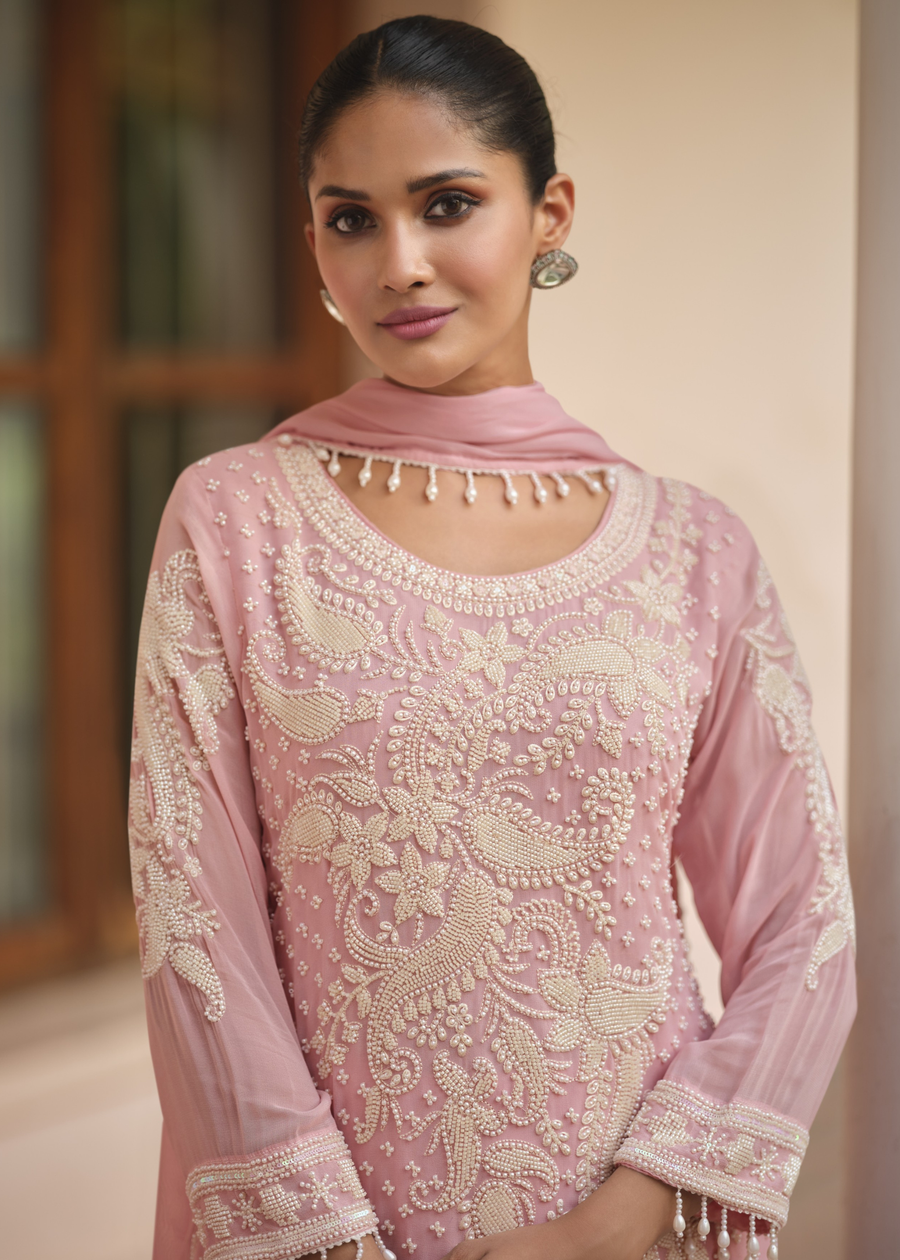Pastel Pink Georgette Parallel Suit Set With Dupatta