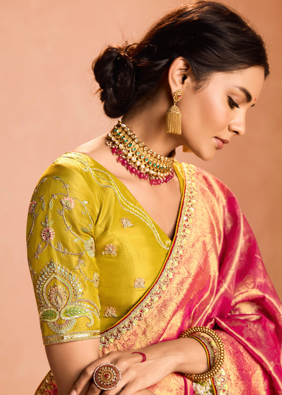 Pure Banarasi Tissue Silk Embroidered Rani Pink Handloom Saree & Contrast Yellow Blouse