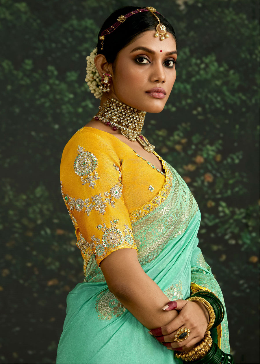 Sea Green Dola Banarasi Silk Saree & Yellow Embroidered Blouse