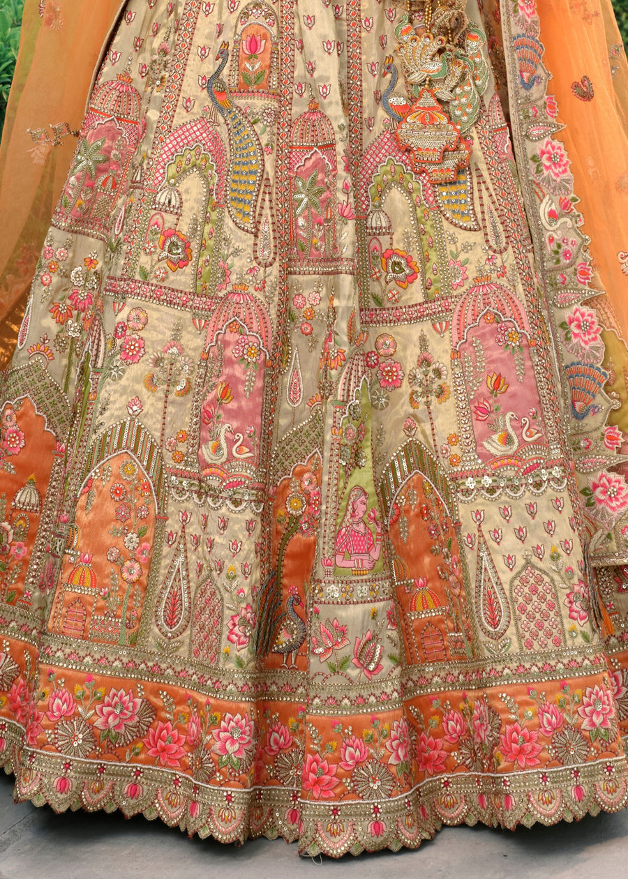 Light Golden & Orange Embroidered Banarasi Silk Lehenga Choli