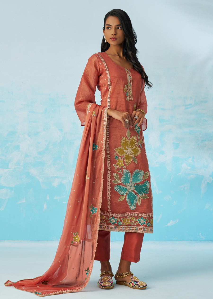 Rust Brown Crushed Tissue Silk Ethnic Pant Style Suit With Dupatta