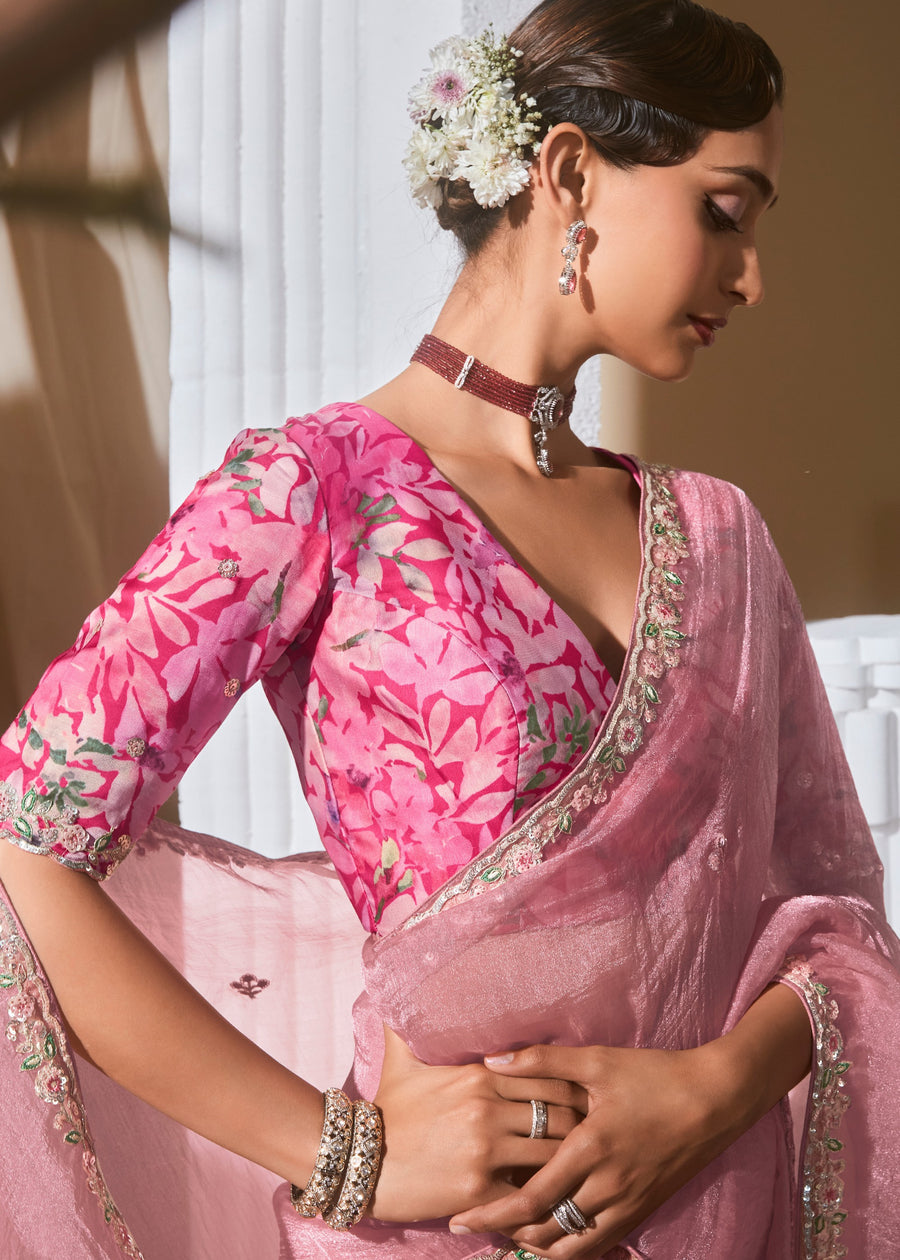 Pastel Pink Organza Tissue Silk Embroidered Saree & Printed Blouse