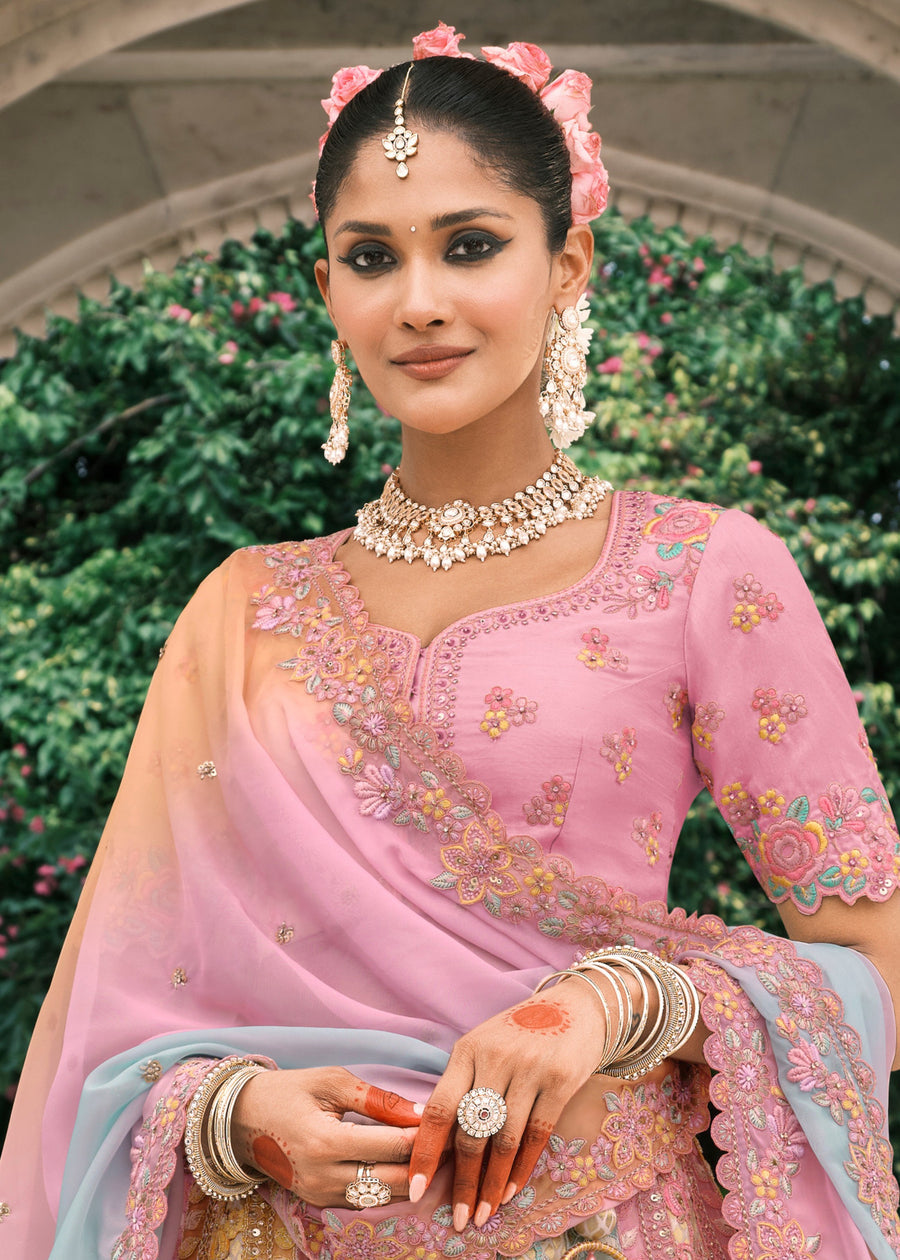Pink, Blue & Yellow Embroidered Silk Lehenga Choli