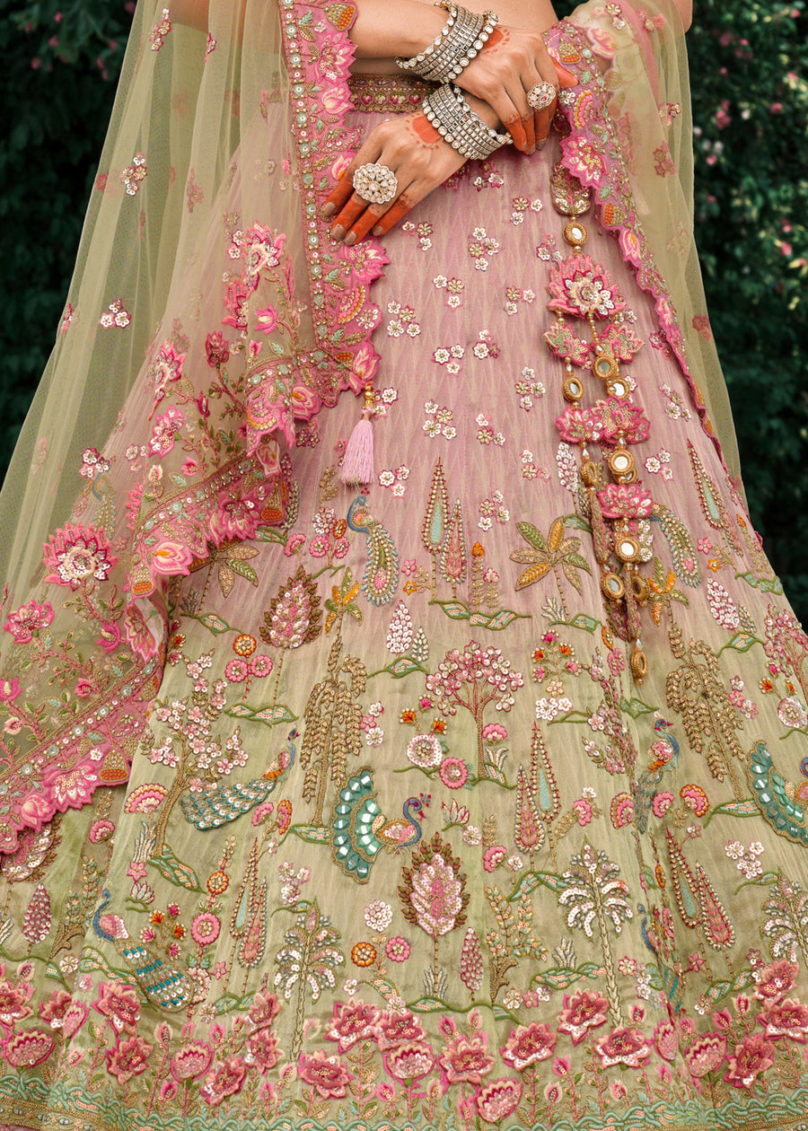Pink & Pista Green Ombre Effect Embroidered Banarasi Silk Lehenga Choli