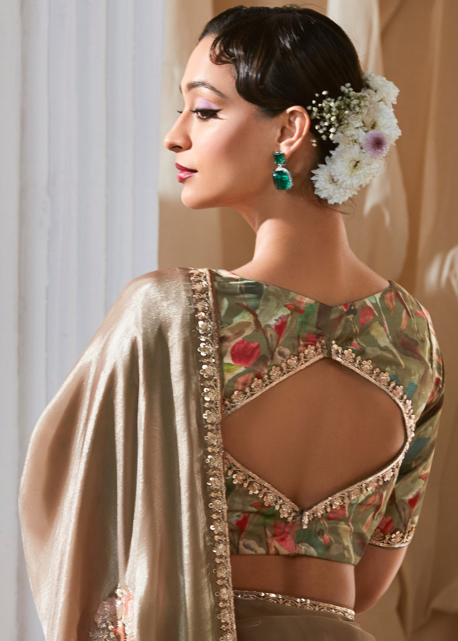 Pastel Brown & Olive Green Organza Tissue Silk Embroidered Saree & Printed Blouse