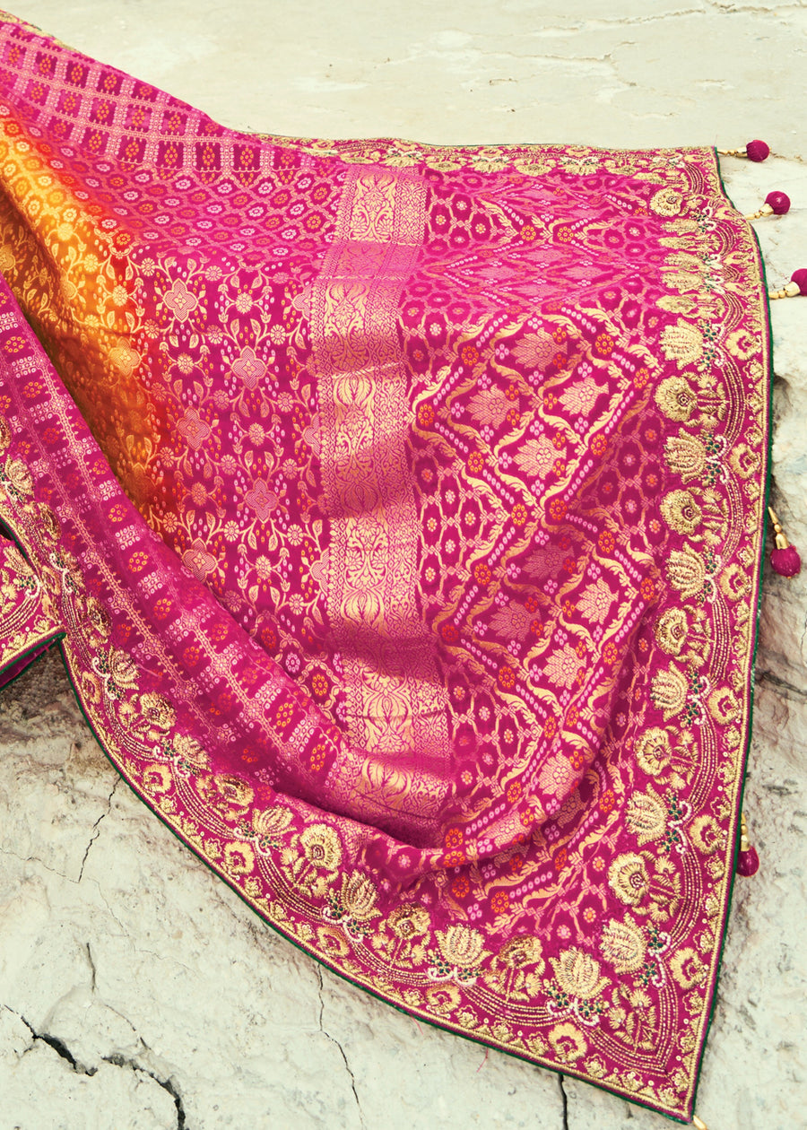 Yellow & Pink Khaddi Georgette Embroidered Bandhani Saree with Green Blouse