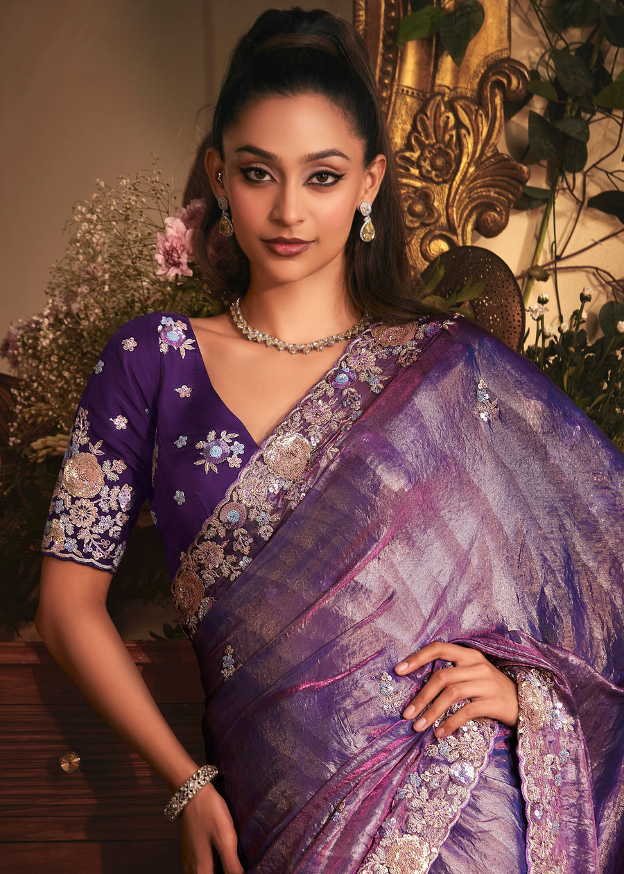 Purple Organza Tissue Silk Saree With Sequins Embroidery