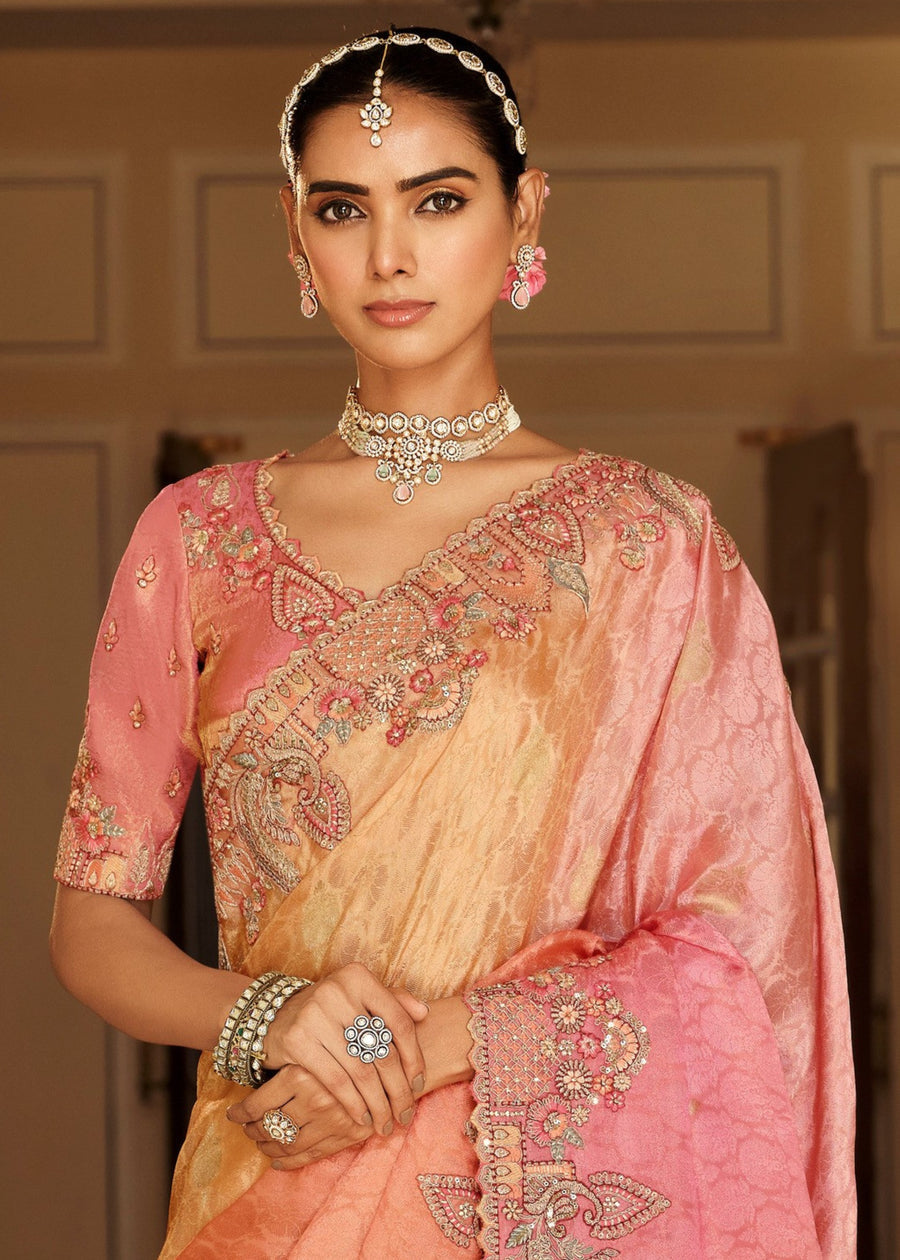 Peach & Pink Multicolor Ombre Soft Banarasi Silk Embroidered Saree