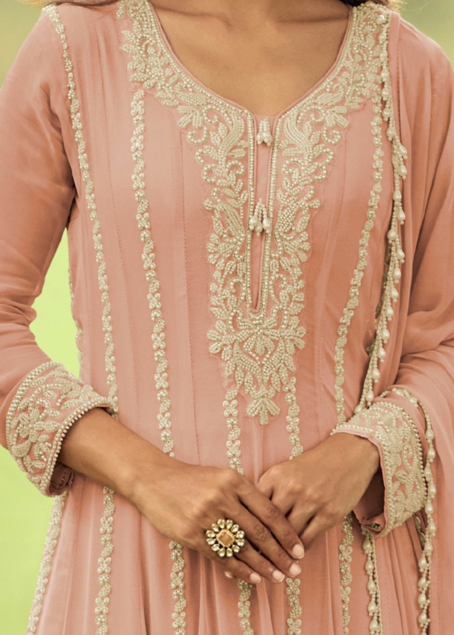 Peachy Pink Georgette Anarkali Suit Set With Beadwork