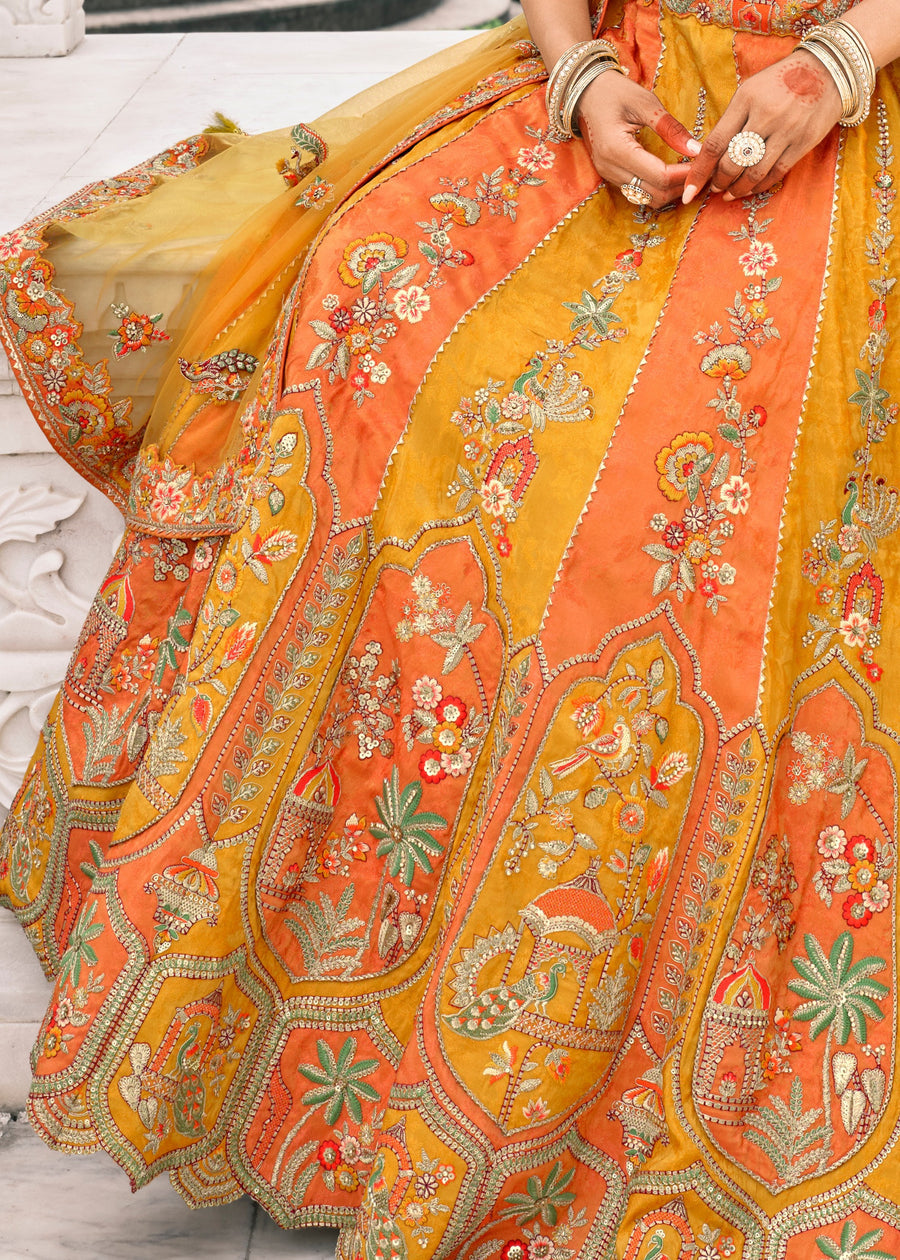 Orange & Yellow Embroidered Banarasi Silk Lehenga Choli