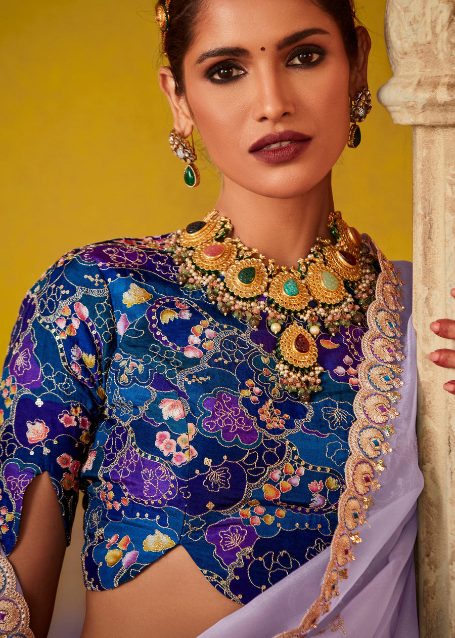 Lavender Purple Glass Tissue Silk Embroidered Saree & Blue Printed Blouse