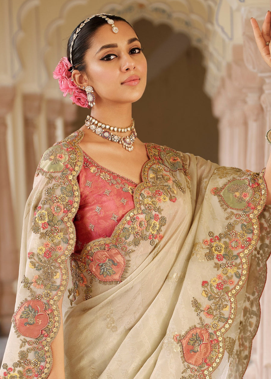 Ivory White Soft Banarasi Silk Embroidered Saree & Rose Pink Blouse