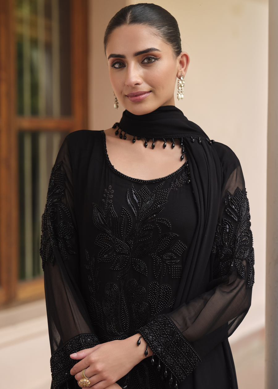 Black Georgette Parallel Suit Set With Dupatta