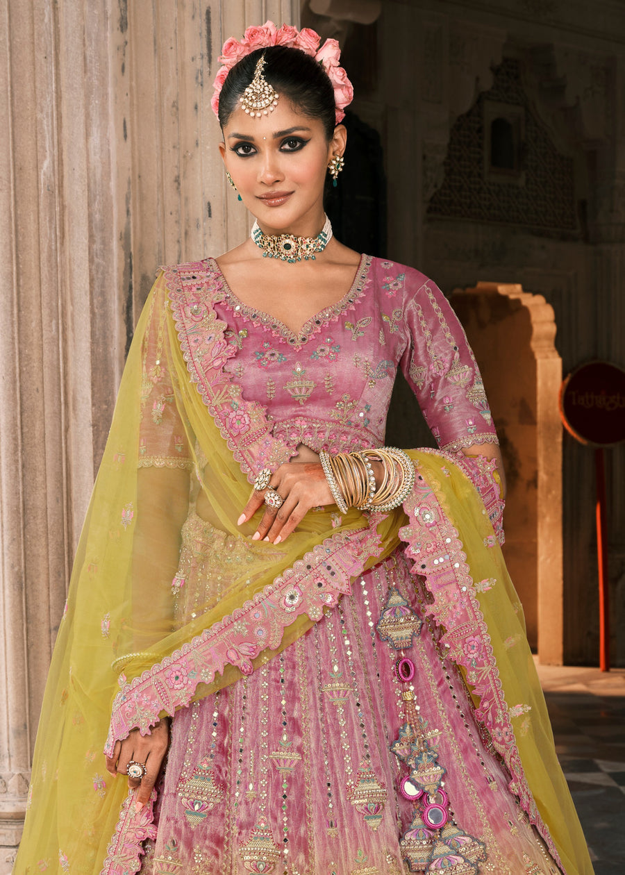 Pastel Pink & Lime Yellow Ombre Effect Embroidered Silk Lehenga Choli