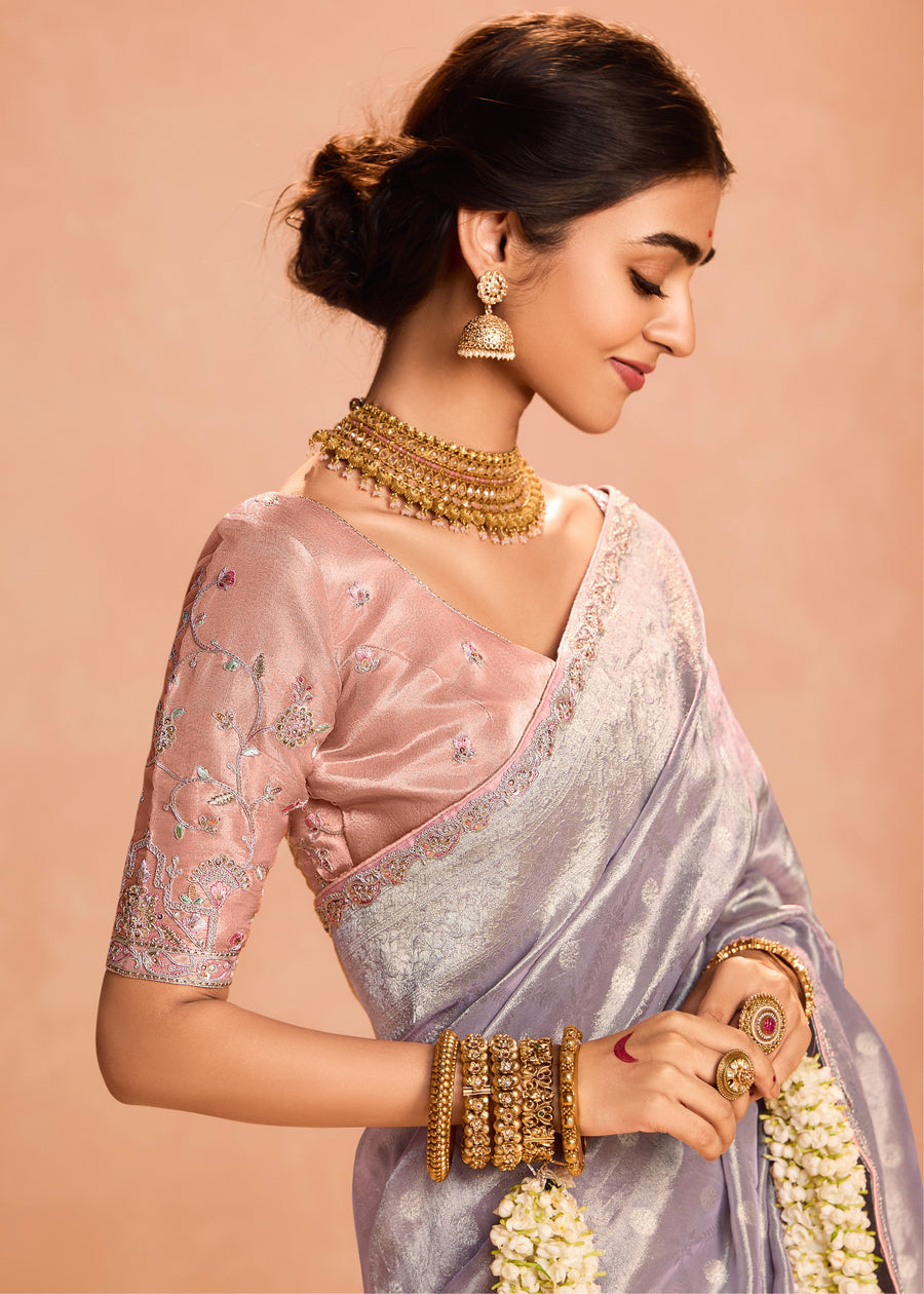 Pure Banarasi Tissue Silk Embroidered Lavender Purple Handloom Saree & Contrast Peach Blouse